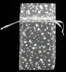 DBX1293W = Organza Drawstring Pouches White with Silver Stars 3''x4'' (Dozen)