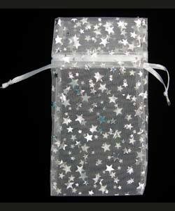 DBX1293W = Organza Drawstring Pouches White with Silver Stars 3''x4'' (Dozen)