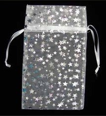 DBX1294W = Organza Drawstring Pouches White with Silver Stars 4''x5'' (Dozen)