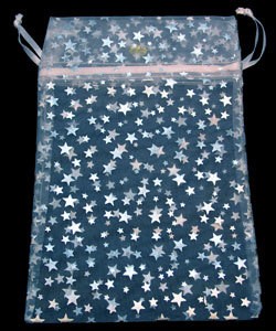 DBX1295W = Organza Drawstring Pouches White with Silver Stars 5''x6''  (Dozen)