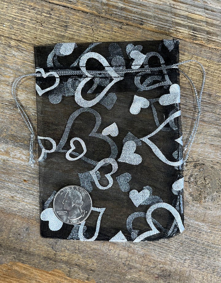 Organza Drawstring Pouches Black with Silver Hearts (Pkg/10)