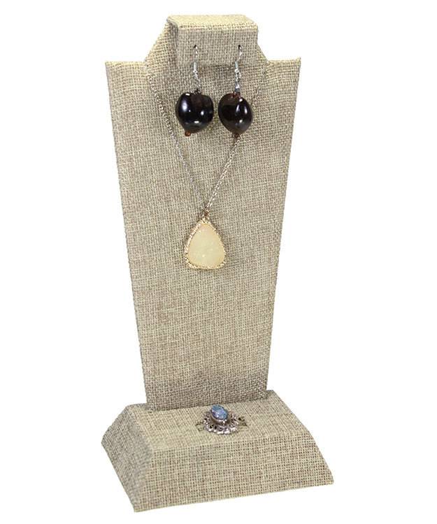 DCO3706 = Burlap Pendant, Ring, Earring Display 4-1/4'' x 3'' x 9-1/8''H