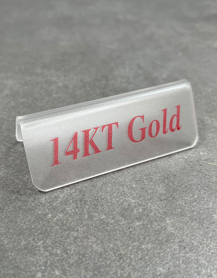 DSI5500 = Frosted Acrylic Sign with Red Letters 3"x1"  14KT GOLD  (Pkg of 3)