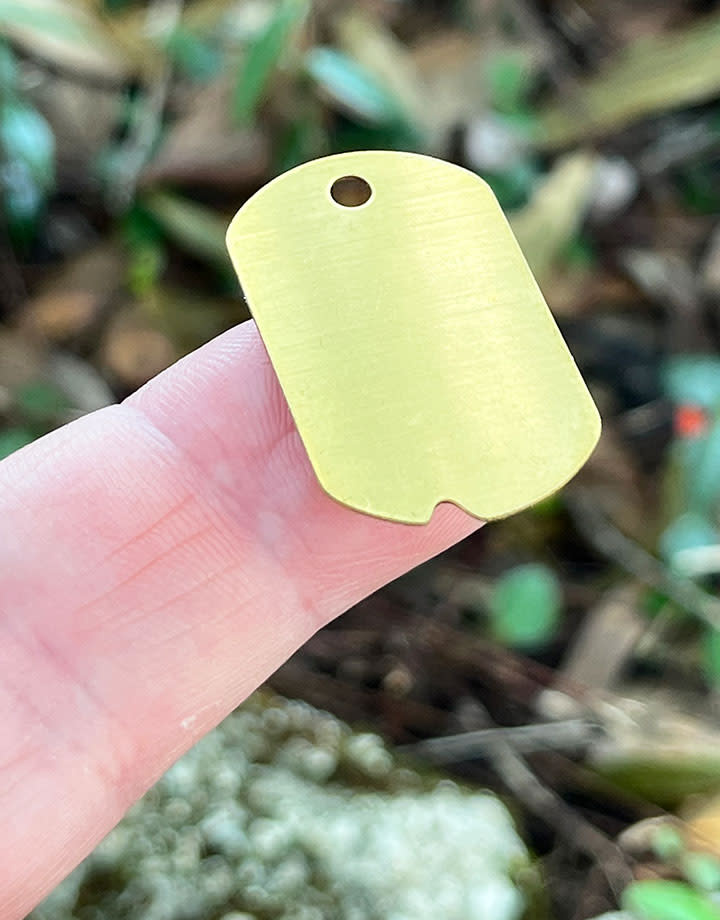 MSBR37524 = BRASS SHAPE - DOG TAG with HOLE 1-1/4'' x 11/16''  24ga (Pkg of 6)