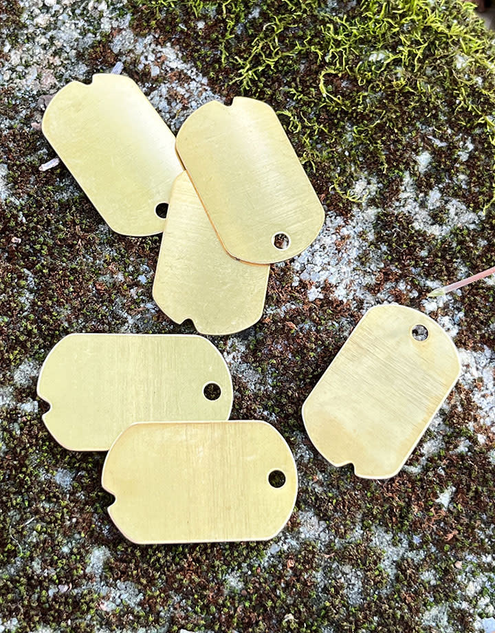MSBR37524 = BRASS SHAPE - DOG TAG with HOLE 1-1/4'' x 11/16''  24ga (Pkg of 6)