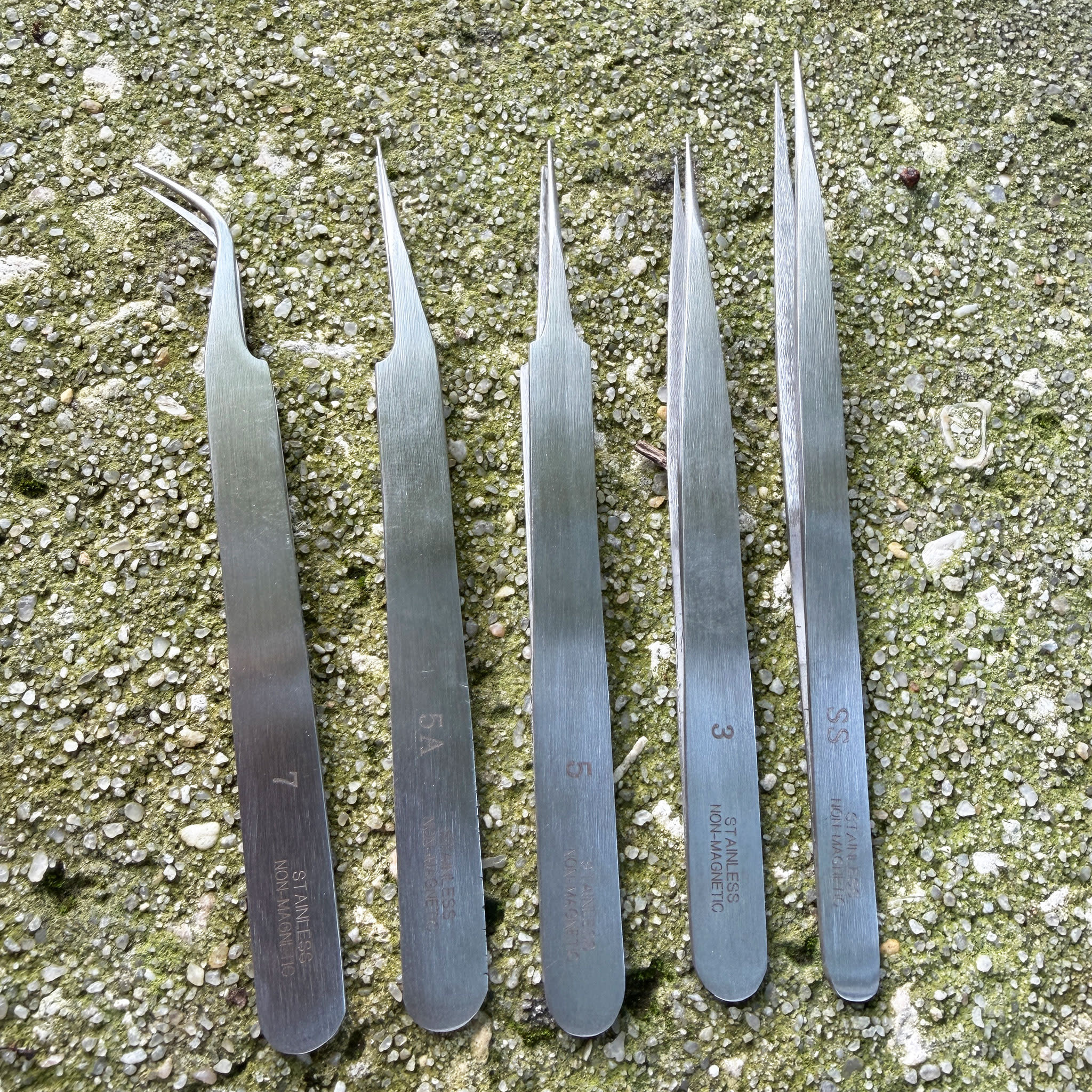 TW2256 = Tweezer Set Non-Magnetic 5pcs (#SS, 3, 5, 5A, 7)