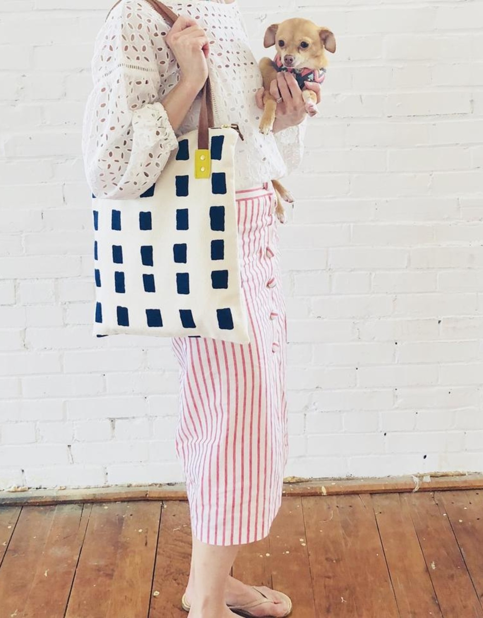 Squares Barkcloth Tote - Navy