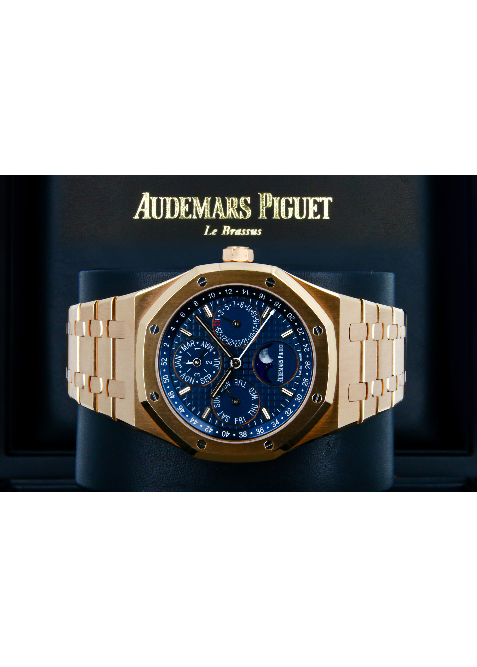 Audemars Piguet Royal Oak Perpetual Calendar Automatic in Rose Gold On Rose Gold Bracelet with Blue Dial 26574OR.OO.1220OR.02