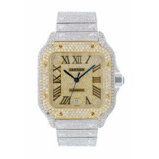 Cartier Cartier Santos Mens 40mm Large Model Steel Watch Yellow Roman Iced 20ct Diamonds