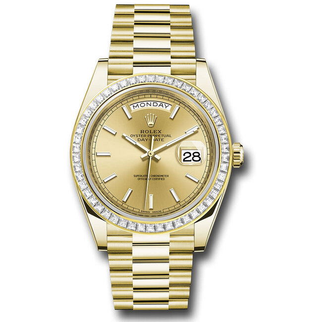 ROLEX Rolex Yellow Gold Day-Date 40 Watch - Baguette Diamond Bezel - Champagne Index Dial - President  18k