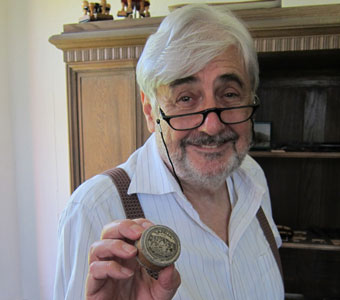 Klaus Götz, owner of the well-known Götz string instrument wholesale company, shows us an old example of 'Lapella' violin rosin at his headquarters in Wernitzgrün, Germany.