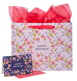 Happy Birthday Pink Flower Trellis Large Gift Bag w/ Card