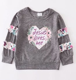 Grey jesus loves me ruffle shirt