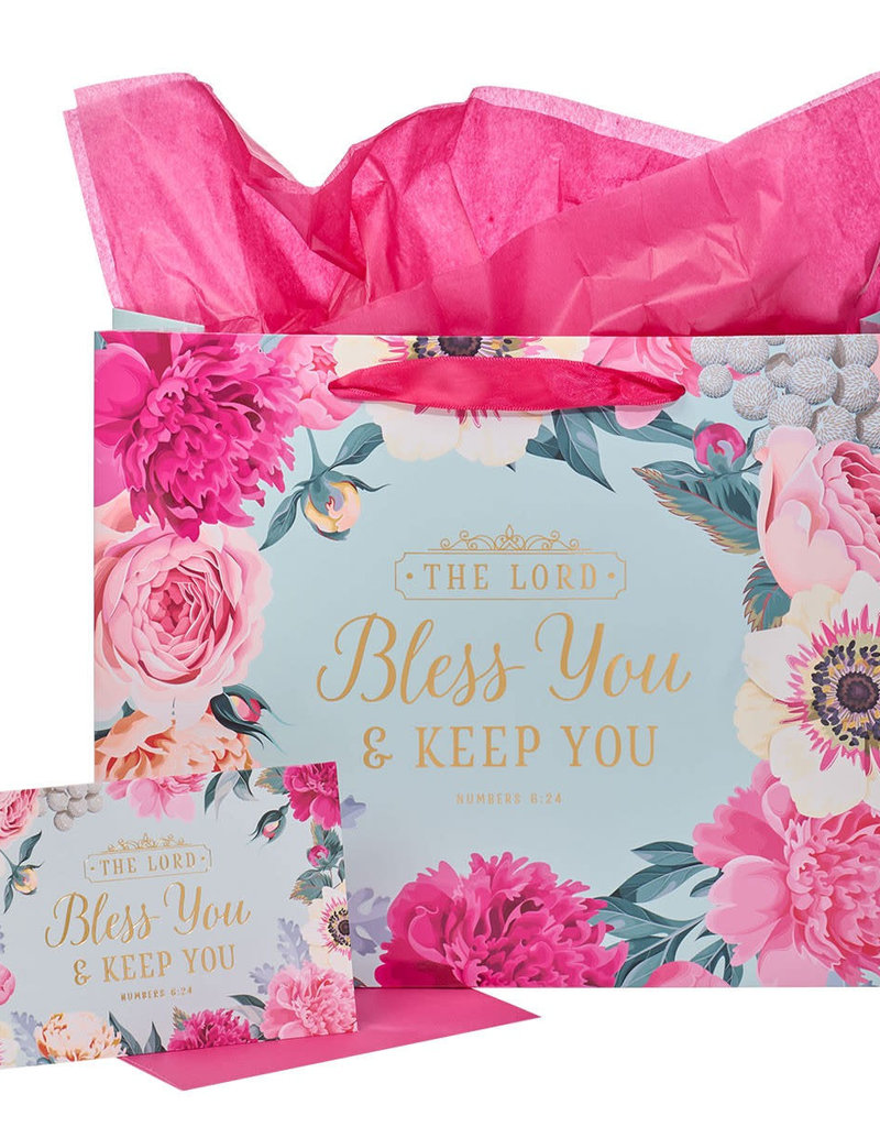 Bless You & Keep You Pink Floral Large Gift Bag w/Card - Numbers 6:24