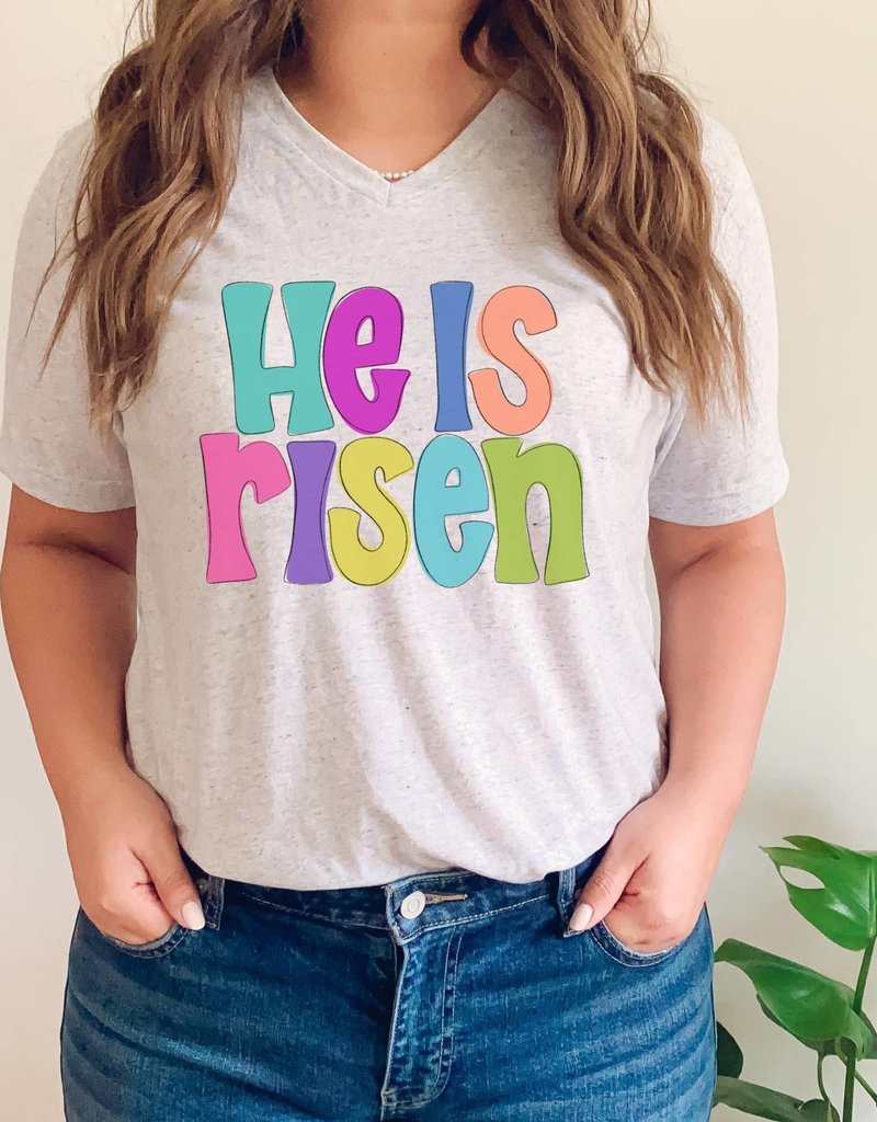 He Is Risen Letter  Easter V-Neck Tee