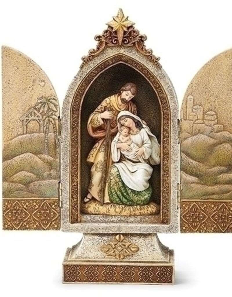 12.25"H HOLY FAMILY TRIPTYCH GOLD ACCENTS/SCENES ON DOORS