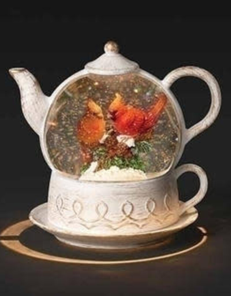 8" LED Lighted Cardinal Christmas Snow Globe Teapot