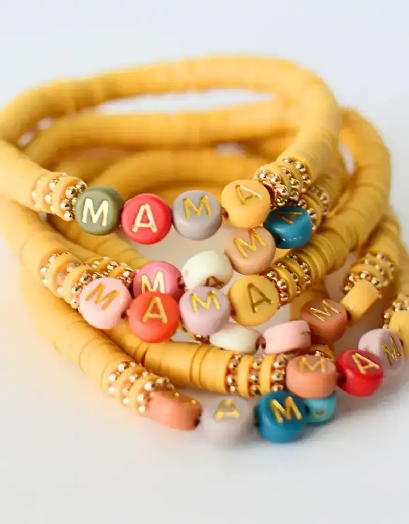Multi Colored Mama Word Beaded Stretch Bracelet Mustard