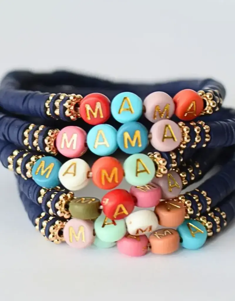 Multi Colored Mama Word Beaded Stretch Bracelet Navy