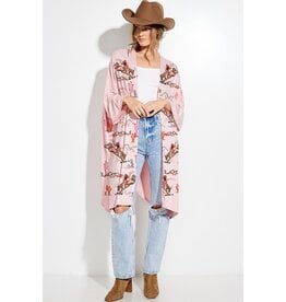 Desert Cow Girl Print Kimono Cardigan Pink
