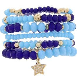 Set of 6, Multi Blue Beaded w/ Gold Bead & Crystal Star Charm