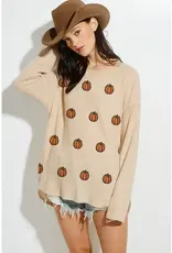 Fall Pumpkin Print Thermal Knit Long Sleeve Top