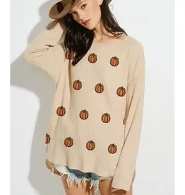 Fall Pumpkin Print Thermal Knit Long Sleeve Top