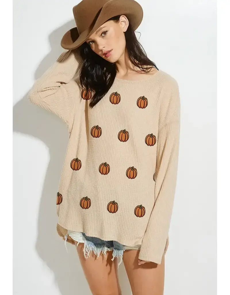 Fall Pumpkin Print Thermal Knit Long Sleeve Top