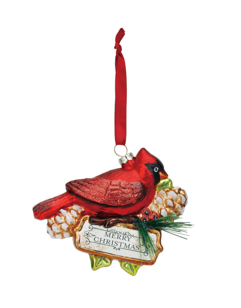 Blown Glass Cardinal Merry Christmas Ornament