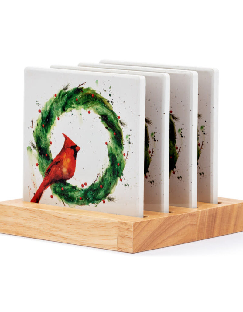 Cardinal in Holly Wreath Coasters - Set of 4
