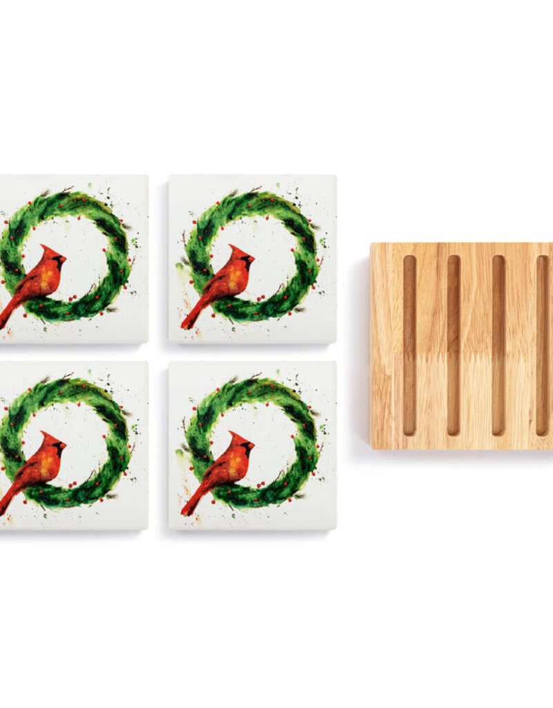 Cardinal in Holly Wreath Coasters - Set of 4