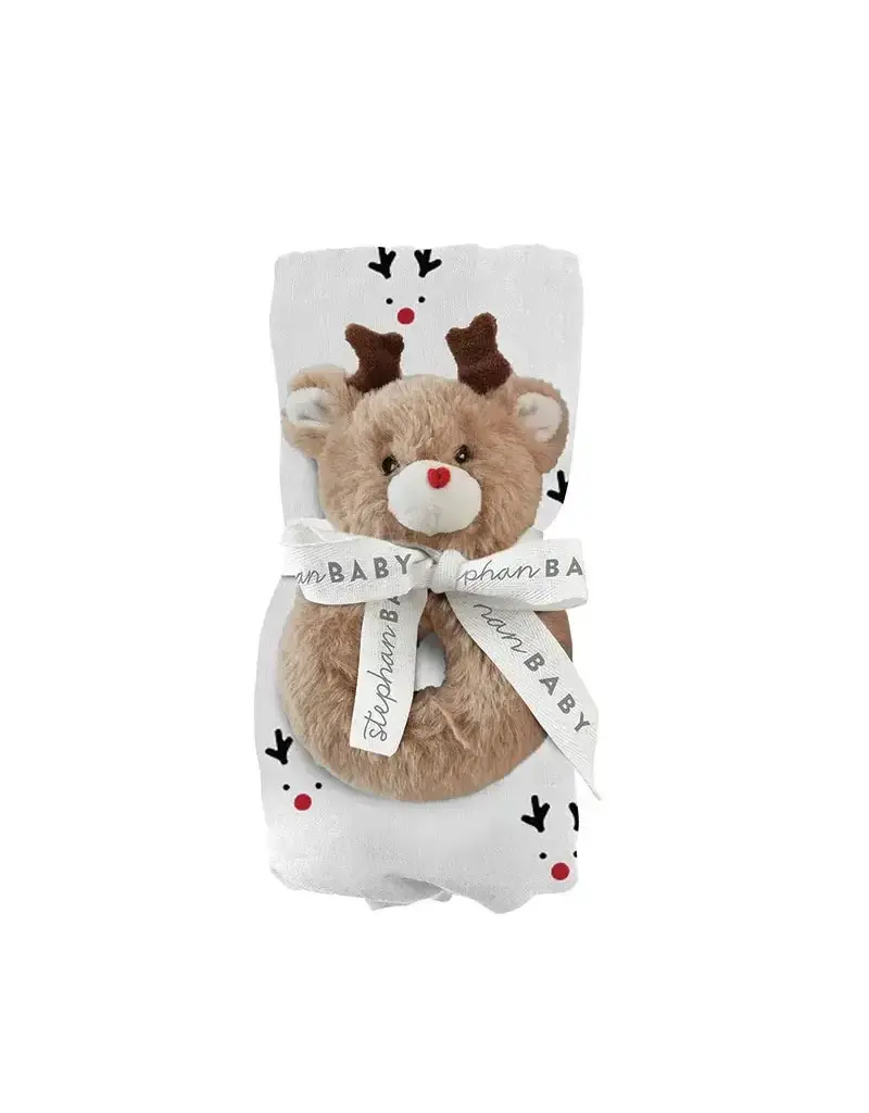 Swaddle Blanket + Plush Reindeer Rattle - Reindeer
