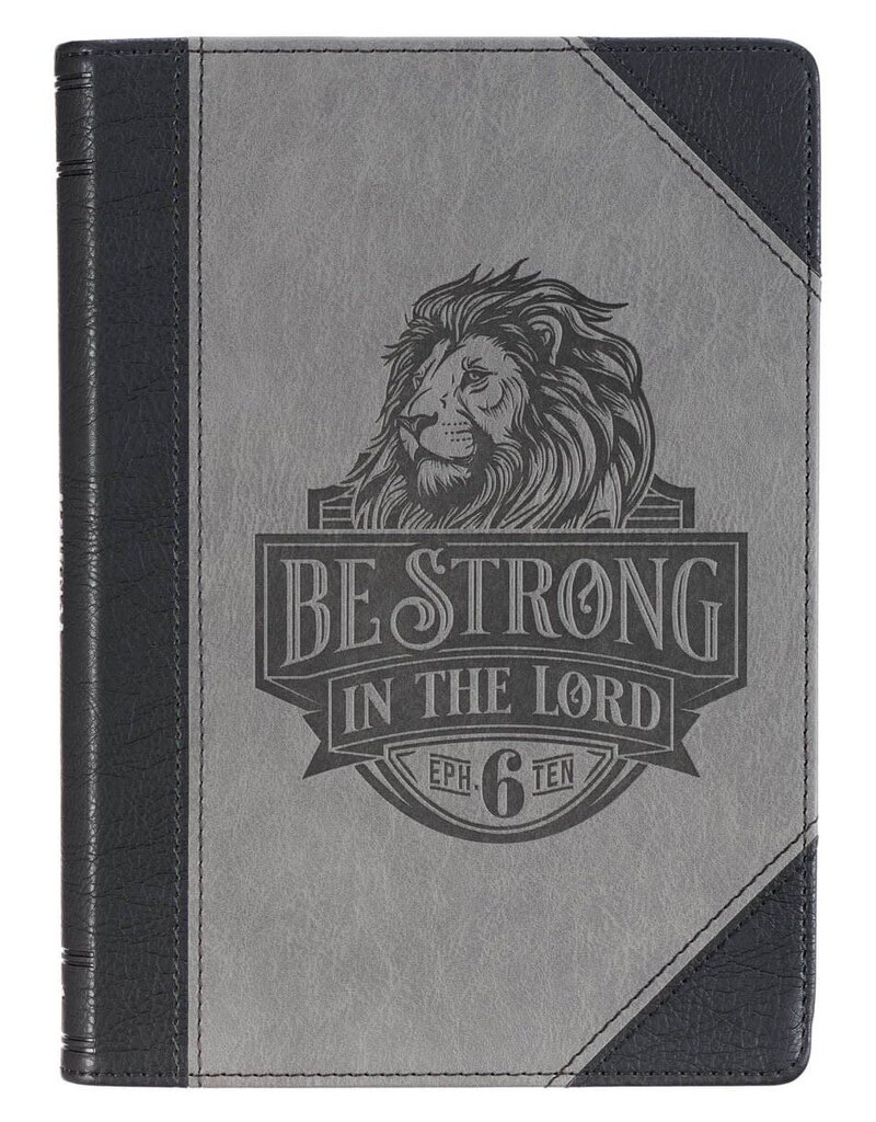 Be Strong in the Lord Black and Gray Lion Faux Leather Journal - Ephesians 6:10