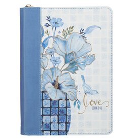 Love Blue Floral Tile Faux Leather Journal w/Zipper Closure - John 3:16