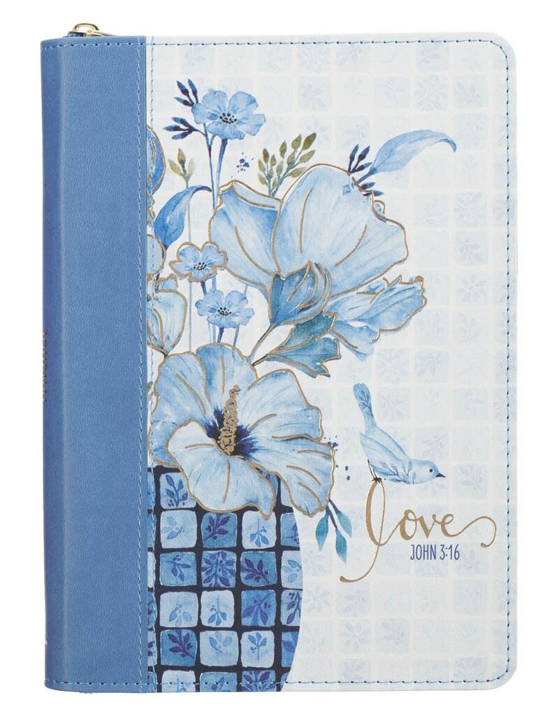 Love Blue Floral Tile Faux Leather Journal w/Zipper Closure - John 3:16