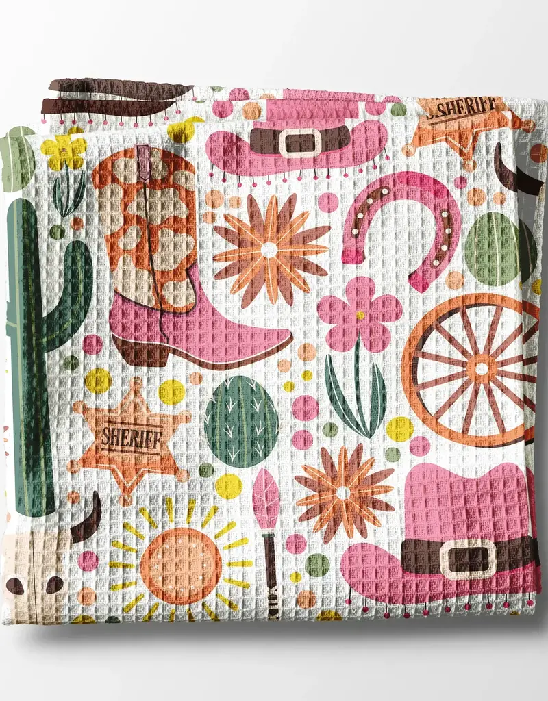 Retro Western Cactus Cowboy Cowgirl Kitchen Towel Waffle