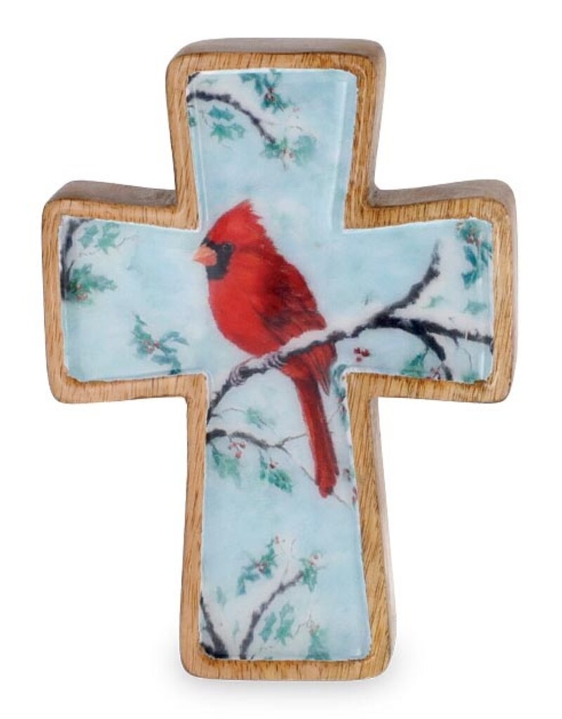 MANGO WOOD CROSS SITTER WITH CARDINAL
