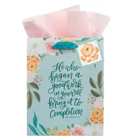 He Who Began a Good Work Turquoise Floral Medium Gift Bag