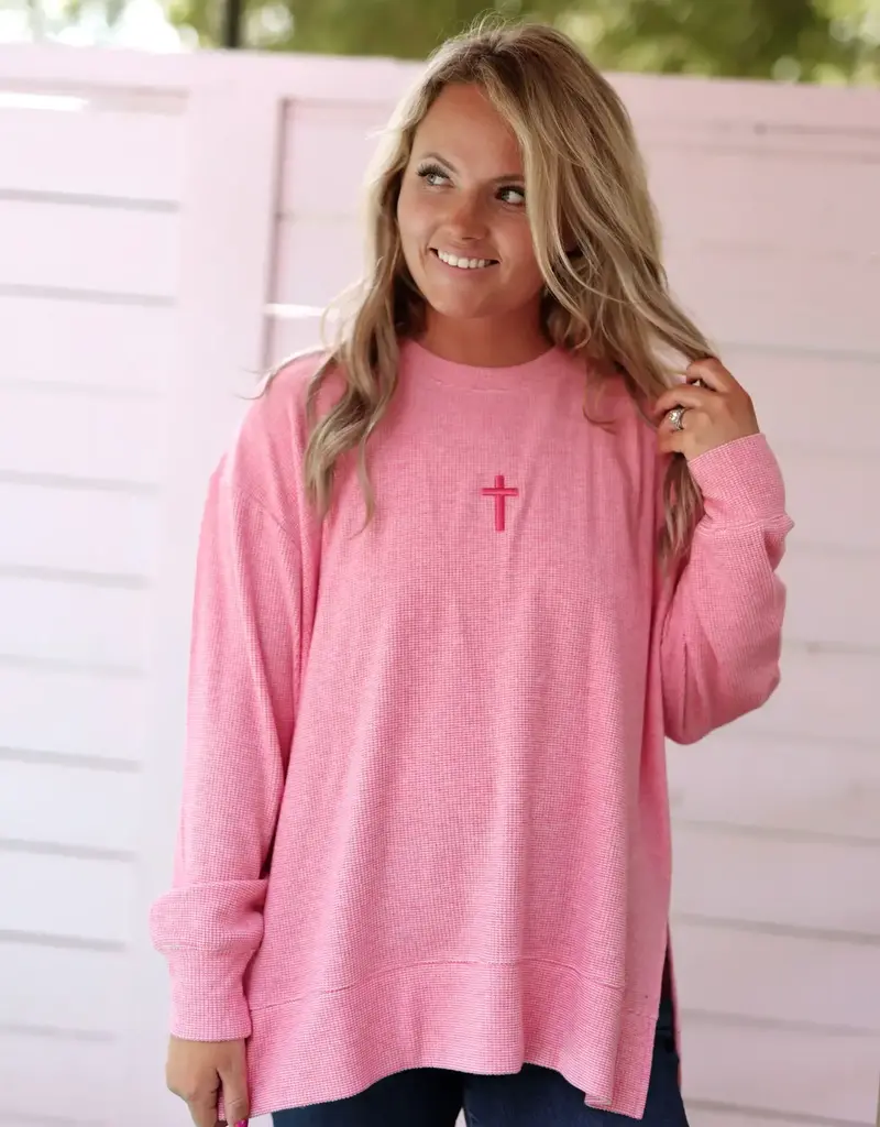 Cross 3DEmbroidery - Cozy Daybrushed Waffle Pullover (Coral)