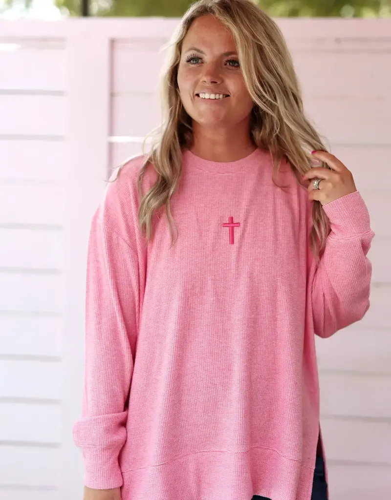 Cross 3DEmbroidery - Cozy Daybrushed Waffle Pullover (Coral)