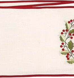 "Joy" Holly Berries Wreath Vintage Embroidered Christmas Table Runner 14" x 72"