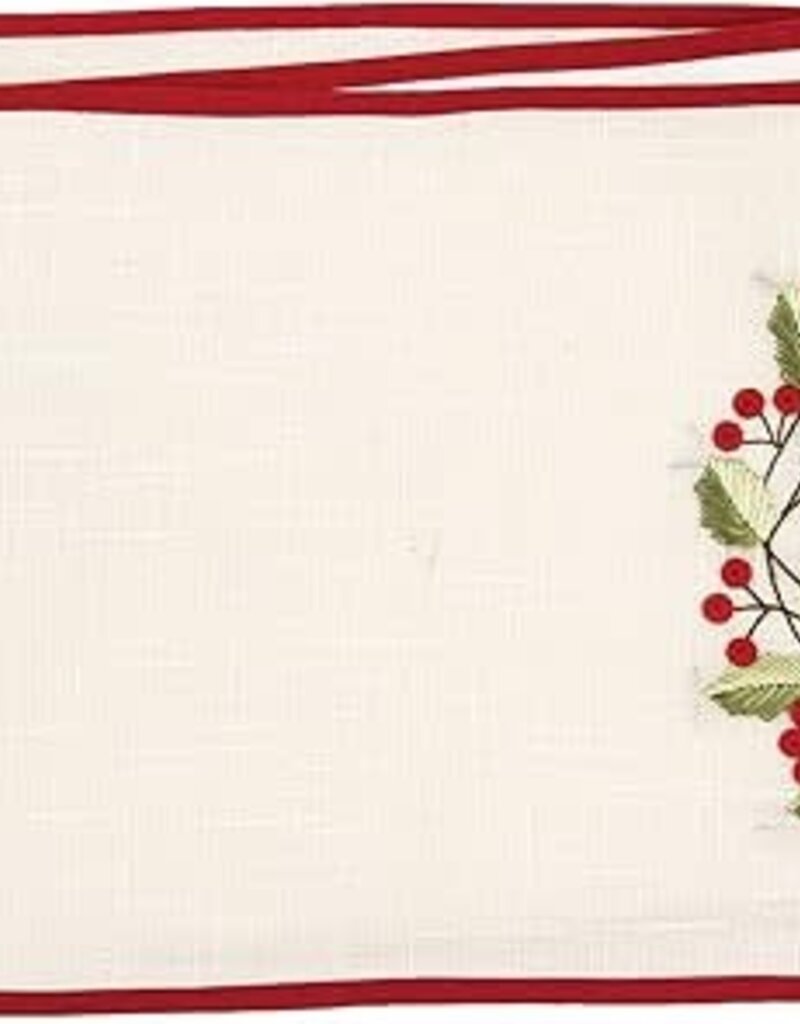 "Joy" Holly Berries Wreath Vintage Embroidered Christmas Table Runner 14" x 72"