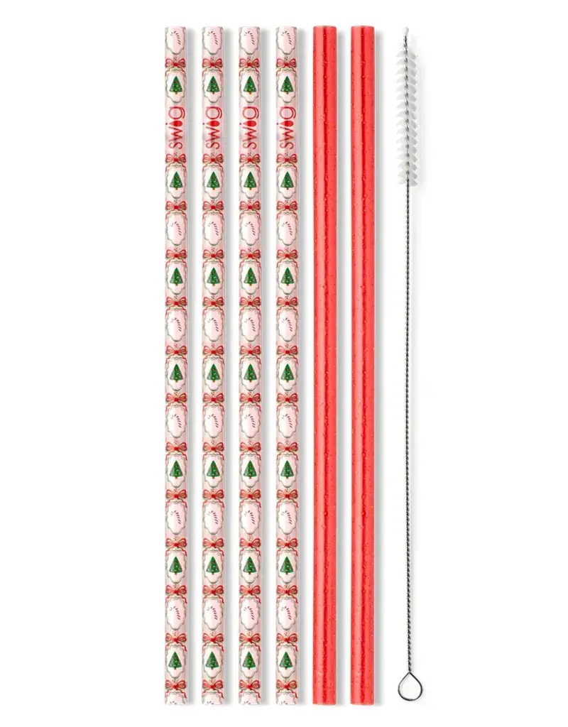 Christmas Cameos + Red Glitter Reusable Straw Set