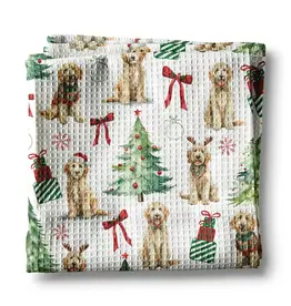 Doodle Dog Christmas Holiday Kitchen Towel Waffle Golden