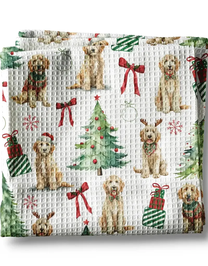 Doodle Dog Christmas Holiday Kitchen Towel Waffle Golden
