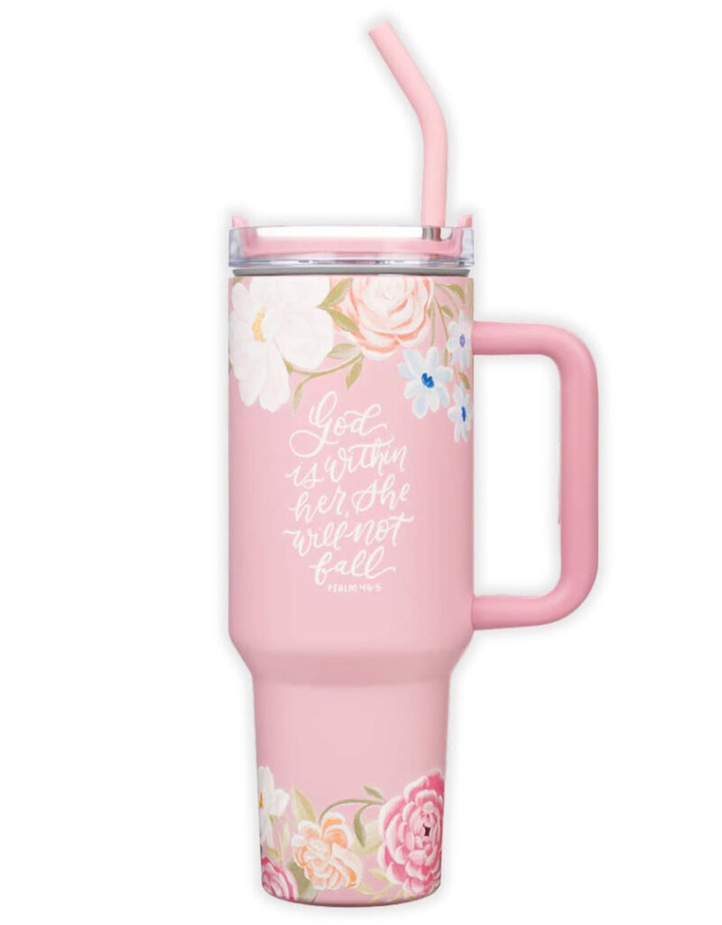 God is With Her Pink Floral 40 oz Stainless Steel Tumbler with Straw