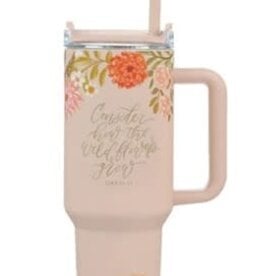 Consider the Wildflowers 40 oz Peach Stainless Steel Tumbler with Straw - Luke 12:27