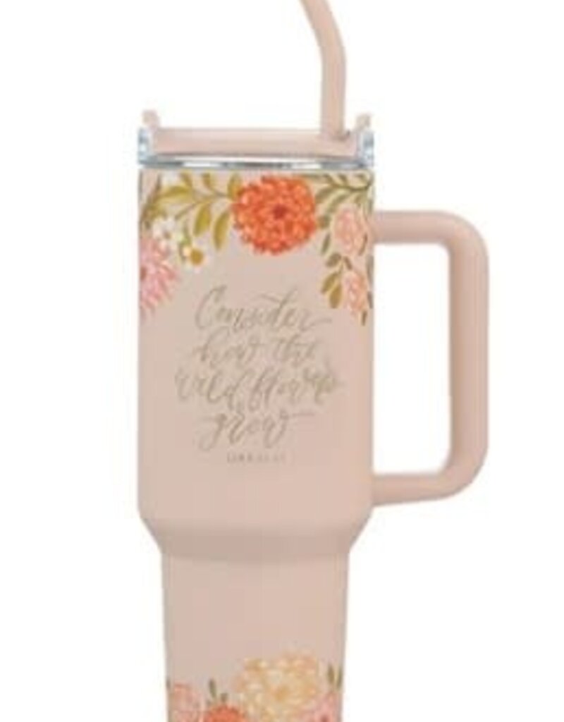 Consider the Wildflowers 40 oz Peach Stainless Steel Tumbler with Straw - Luke 12:27