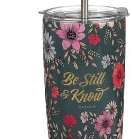 Be Still Teal Botanical Stainless Steel Tumbler With Reusable Straw - Psalm 46:10