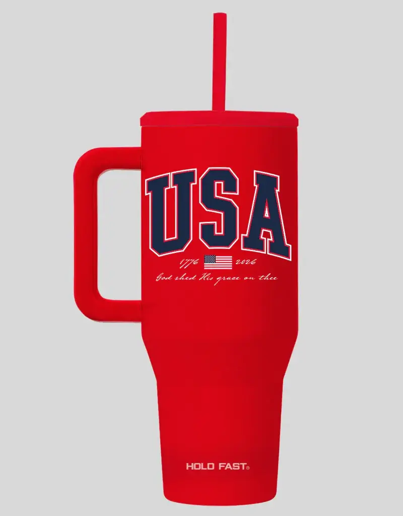 HOLD FAST 40 oz Stainless Steel Mug With Straw USA Red